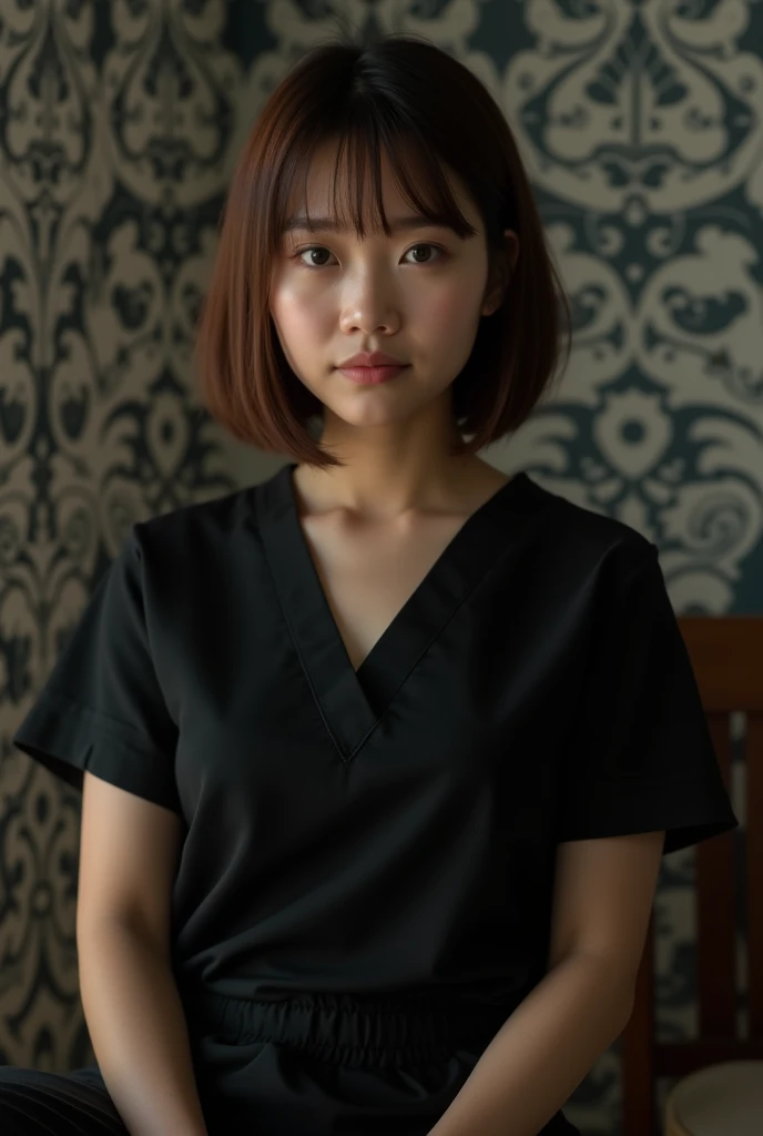 White Wallpaper, Beautiful attention to detail, Cleavage, Upper body only，Facing forward，20-year-old female，.Very short bob hair，Brown lightning，Chubby body type，Height: 145 cm，Dark Room，,Therapist short-sleeved black uniform，Japanese