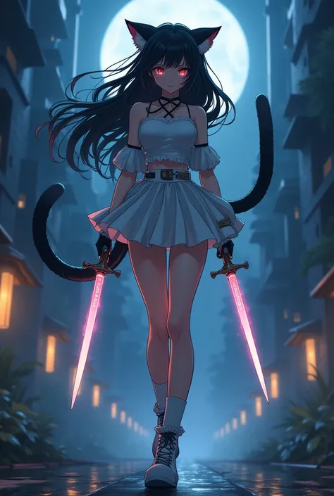 I would like a cat girl thief in an anime style with an alternate world night background.。I&#39;d like someone tall and model-like in a mini skirt.。Equip each hand with a glowing dagger。Please draw her in white clothes with fluffy twin tails.。