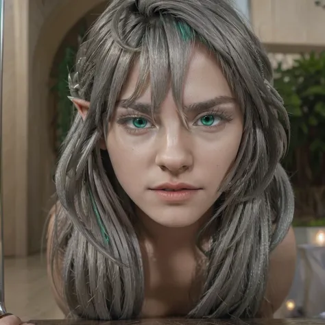 green eyes, silver hair, naked, hairy pussy