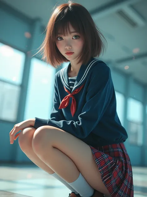 Angle from below, Japanese girl, pretty face, bob hair, brown hair, blurred background, A school in a near-future digital space in background, motion blur, chromatic aberration, knee height, upward glance, motion blur, Photo_Curly, Future high school unifo...