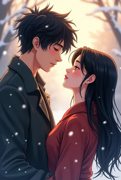 A tall manhwa Guy with messy black hair, smiling at a pretty girl with long black hair. Its snowing outside. 