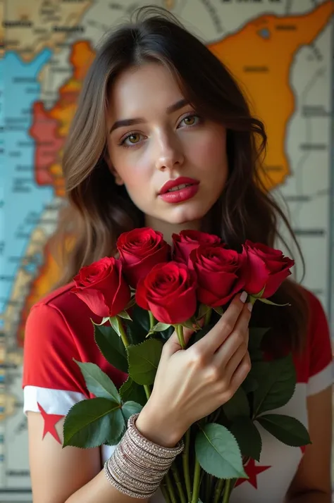 Cute woman with white skin and light brown hair with big eyes brown and big lips red and pink cheeks and wearing bracelets long of diamond and shirt of Syria flag and in the background is Syria map be big and she catches alot of roses and put it in front o...