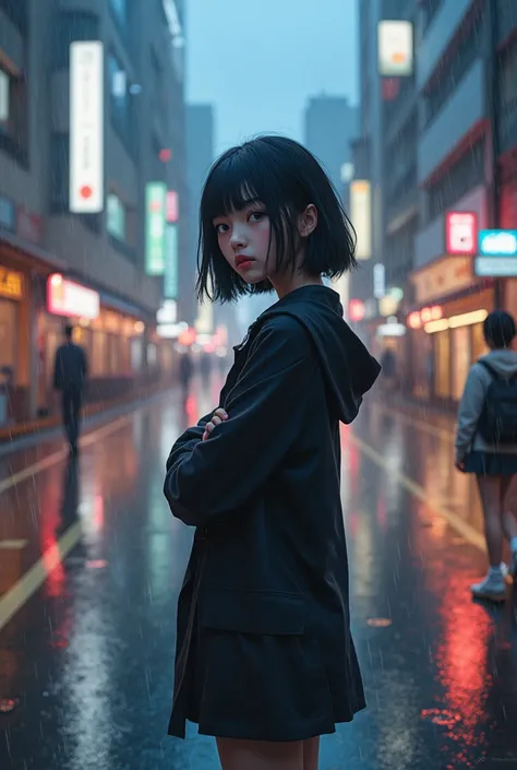 realistic、Real、live-action、rain、bustling street、The city lights reflect on the wet road surface、Beautiful school girl、Japanese、Street fashion、Black Hair、Bobcut、Standing with arms folded in front of a yellow power loader、See who&#39;s watching、Cloudy、Master...