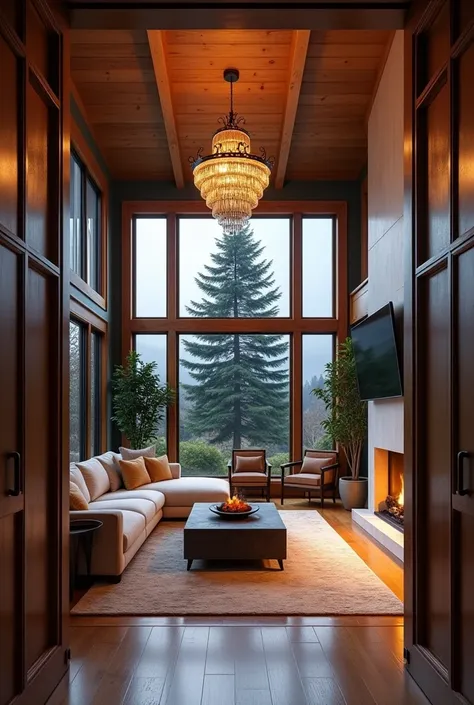 The living room in the Washington State mansion exudes elegance and warmth. Expansive glass windows and a wooden door frame a picturesque view of a majestic pine tree outside. Inside, a cozy fire burns in a stylish hearth, casting a gentle glow over the ro...