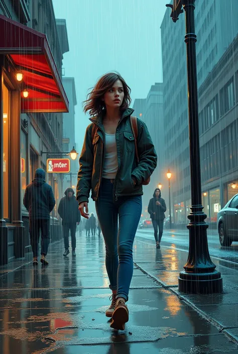 comic book panels; in color; young woman, brown hair, small backpack on sholder, walking down sidewalk seattle street in heavy rain, she looks annoyed