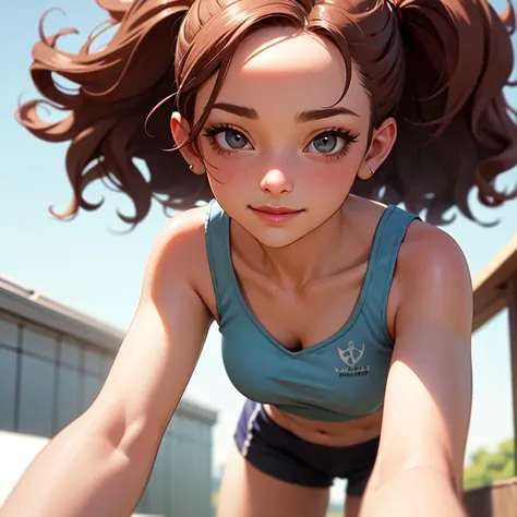 1girl, jackopose, top-down bottom-up, in a beautiful clean gym, looking at the viewer, Kim Possible, wearing tight shorts and crop top, hot, horny, aroused, blushing, ((detailed)), ((best quality)), ((masterpiece)), extremely detailed CG unity 8k wallpaper...