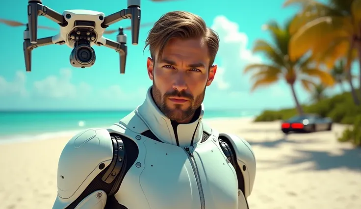 "Create a vibrant YouTube thumbnail featuring a robotic male in a sleek elastic human white robotic suit. He male robot has face like human with short beard  and short medium size hairs , In the background, show robotic tentacles connected to a drone thats...