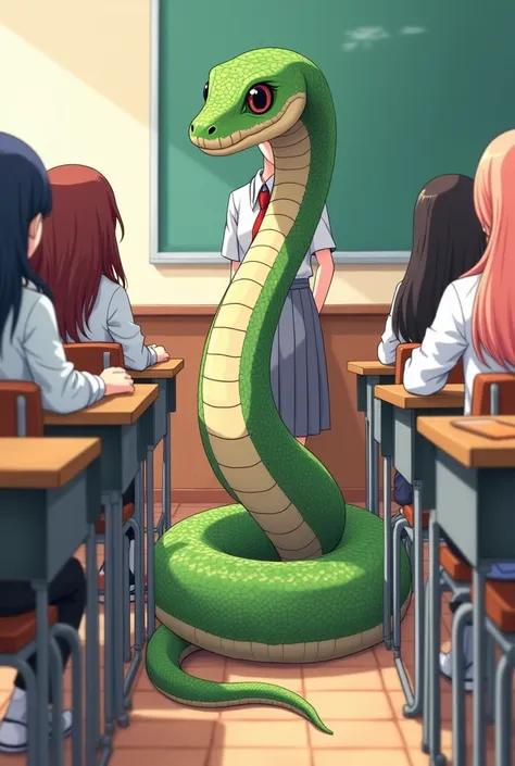 Can you make a picture where a snake is our classmate whereas other students are humans. a picture where we all are sitting on our desks. and so the snake is. and most of the students are female. the snake should be sitting on the chair. we all should sit ...