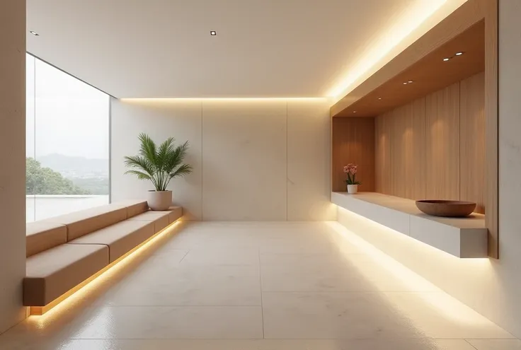 Minimalism phòng thờ interior design, white led lights under furniture, Russian oak furniture, minimalism design style, minimalist snacking, holy terrace, concrete effect wall, white ceiling