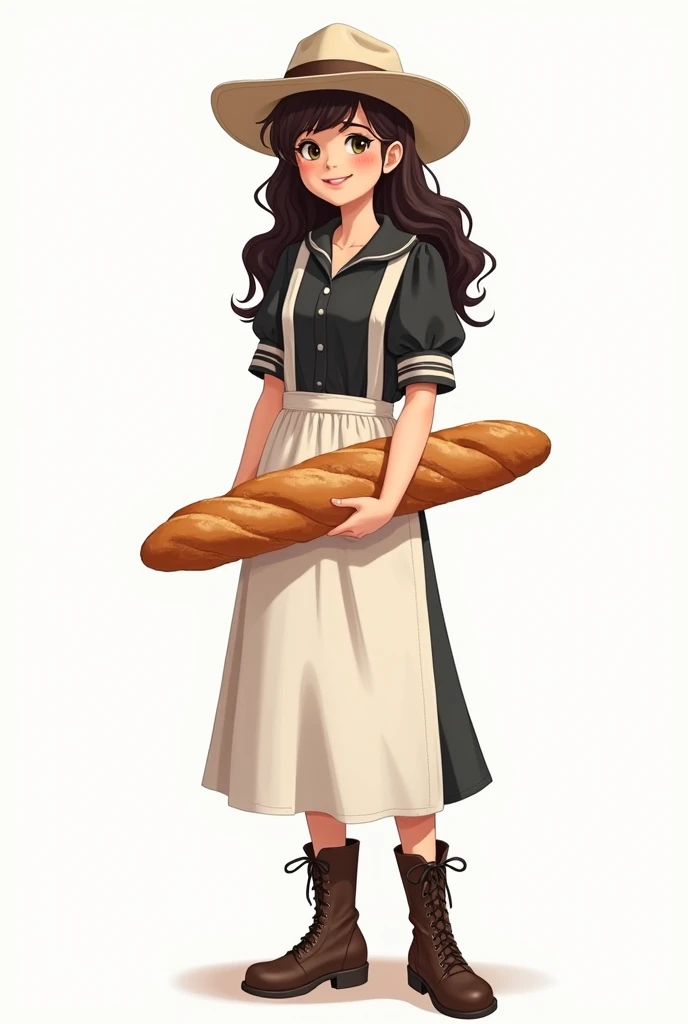 1girl, apron, baguette, black shirt, boots, bread, breasts, cowboy shot, france, hat, male focus, nipples, no pupils, outdoors, puffy sleeves, signature, simple background, smile, solo, striped, white background