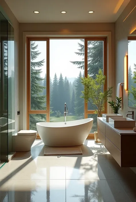 The spacious bathroom in the Washington State mansion offers a serene retreat with a large glass window framing a tranquil view of the surrounding pine trees. A luxurious bathtub is positioned to take full advantage of this picturesque setting. Adjacent to...