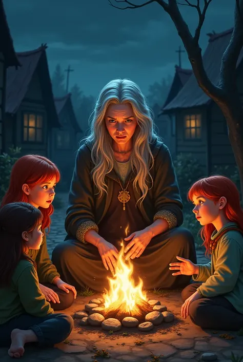 Make a 2D drawing of an old woman sitting at a campfire at night in the middle of a village with many children around her listening to her stories, but then highlight a  with red hair. Only she will have silver hair and will look at the old woman with admi...