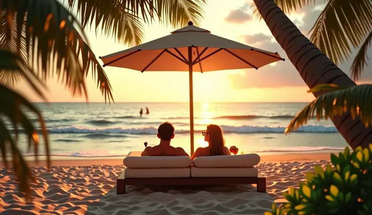 　I want to create realistic YouTube videos。I want to create a video that evokes the beautiful sandy beach of Hawaii just before sunset.。There were a few people surfing on the beach.、A couple wearing sunglasses is relaxing on a beach bed under a parasol on ...