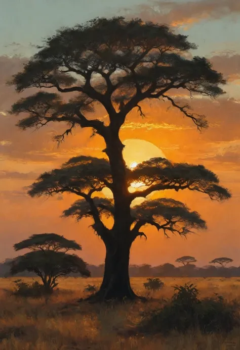 A silhouette of a large african tree with dense foliage standing against a golden-orange sunset sky