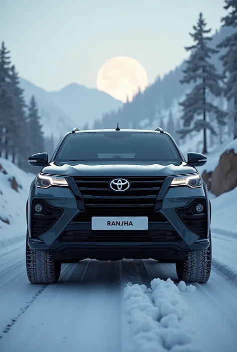 photorealism: Please create a picture of Toyota Fortuner Legendary 2025 model in black and gray colour combinations with Ranjha name in capital and italic font and in white colour written on its number plate and Moon light in its LED DRLs and its standing ...