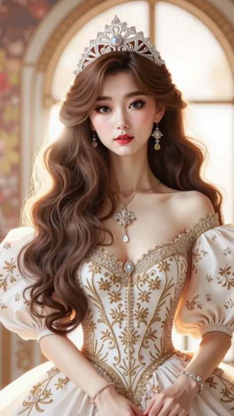 Create a frontal view of a beautiful young woman, standing straight with her arms relaxed by her sides. She has long wavy brown hair, a calm and serene expression, and is wearing a simple yet elegant dress. The background is plain, focusing entirely on her...