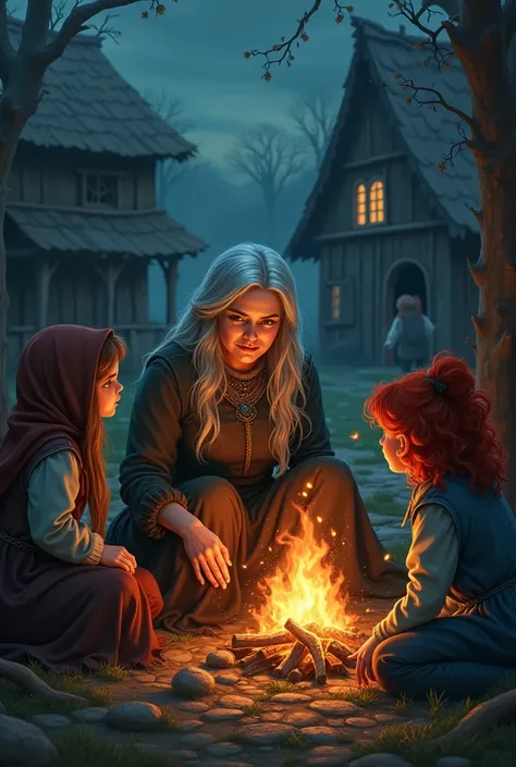 Make a 2D drawing of an old woman sitting at a campfire at night in the middle of a village with many children around her listening to her stories, but then highlight a  with red hair. Only she will have silver hair and will look at the old woman with admi...