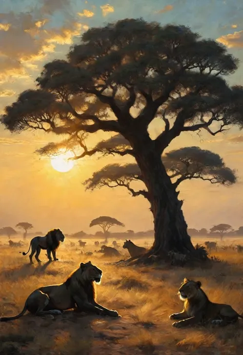 A silhouette of a large African tree with sun in sky, lions on ground below