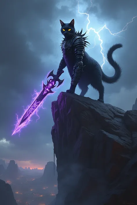 Prompt 3:
"A powerful black-and-silver warrior cat stands atop a rocky cliff, holding an enormous sword with a blade that glows with swirling dark energy. The sword is adorned with glowing purple gems, and shadows seem to move around the cat, enhancing its...