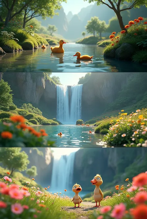 3d animation style " A series of three images, each showing one of the hidden wonders: a family of ducks swimming in the stream, a hidden waterfall cascading down rocks, and a meadow full of wildflowers with Ping and Timmy playing