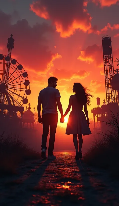 A man and his girlfriend in an abandoned amusement park, sun sunset, You only see silhouettes of the man and the woman, colorful,(masterpiece, best quality, high quality, highres, ultra-detailed),