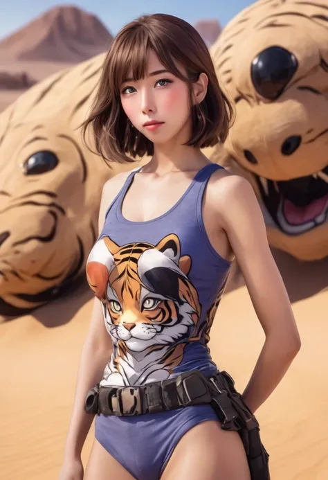 a cute yuna, 2, in the role of tiger tank top from one punch man, striking heroic poses in the desert, detailed face and eyes, beautiful detailed lips, extremely detailed eyes and face, long eyelashes, realistic, photorealistic, photo-realistic, 8k, high q...