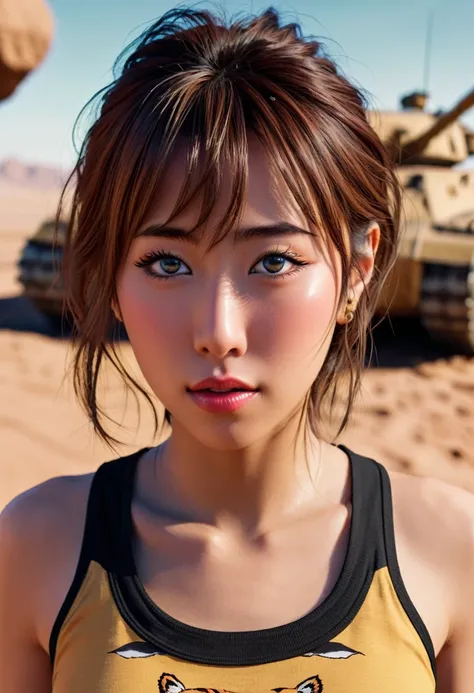 a cute yuna, 2, in the role of tiger tank top from one punch man, striking heroic poses in the desert, detailed face and eyes, beautiful detailed lips, extremely detailed eyes and face, long eyelashes, realistic, photorealistic, photo-realistic, 8k, high q...