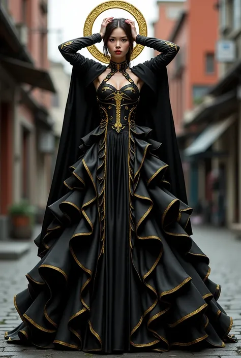 Avant garde dress, geometric, black and gold, golden halo, lots of pletes and ruffles , streetwear, halter neck, black cape golden borders, full body, hands on head