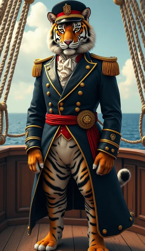 Tiger wearing costume of a captain of a ship 