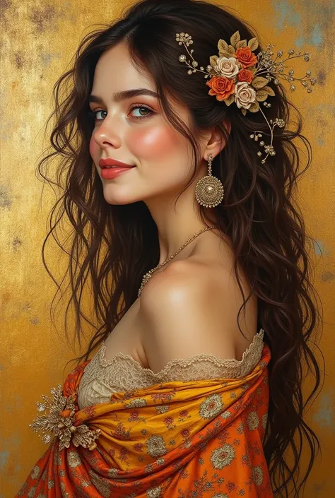 acrylic painting. 
a woman in the style of Klimt, happy and serene, three-quarter view, very beautiful. she is brunette, she has long, flowing hair. it is natural and wild. she has light eyes and a dark complexion. she has wings. 
the painting is in brown,...