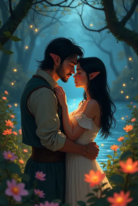 Make a 2D drawing of a beautiful young woman with straight black hair like Joy Senso kissed by a handsome, strong young man with elf ears inside the forest in a beautiful place full of flowers at night with several fireflies and a lake.  