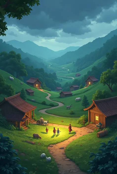 Create cinematic cartoon image " In the village sky is overcast, In the farm seed is glowing".
