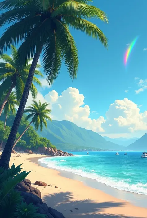 Quiet and cool beach The image has palm trees leaning over a sandy shore and waves gently crashing on the beach in the background. There were many boats floating in the calm waters. and distant mountains could be seen under a sky lit with vivid hues. Cloud...