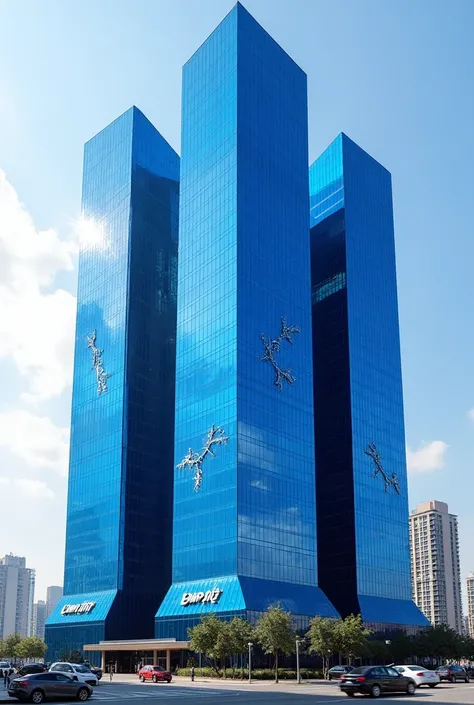 Create 3 blue Joint buildings with the words "CROWN EMPIRE" written on it in English 