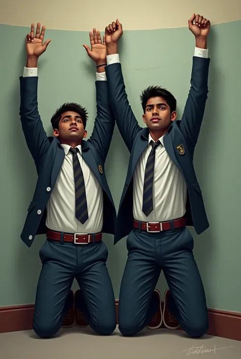 Two 18 year ago Indian males school shirt long sleeve  trousers  school tie and leather large buckle belt  school blazer and shoes kneeling inside the corridor corner against the wall with both their hands raised straight high up above their heads and boys...