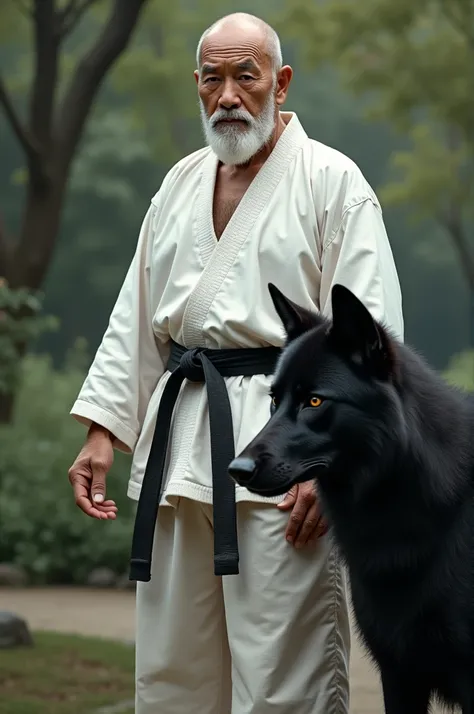 A elderly bald martial artist. Wearing a Karate Master outfit. With a Black Wolf. 