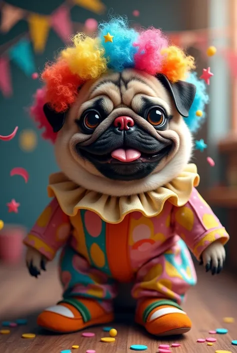 create a pic of a pug whit a clown