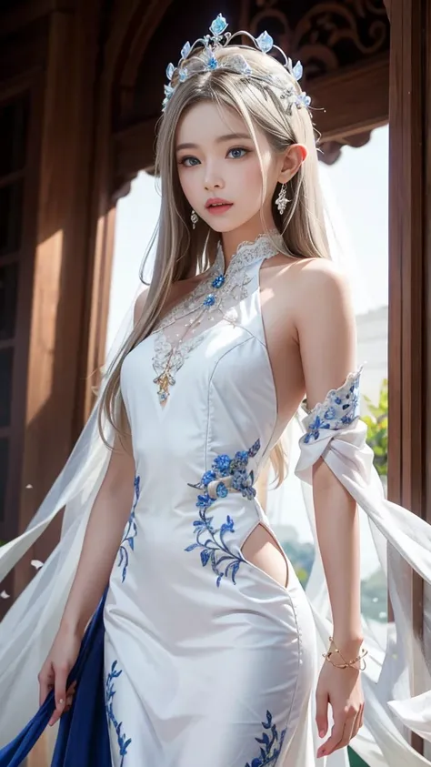 A beautiful young Asian woman with long, flowing white hair, delicate pointed ears, and striking blue eyes stands gracefully. She wears a crown of majestic ram horns, adorned with small, delicate pink flowers. Her attire is a pristine white gown, crafted f...