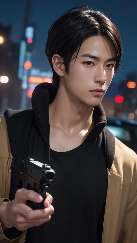 Japanese,25-29year old, handsome,  fair skin, black eyes（thin eyes 1：3), (Super detailed, Realistic, best quality, 4K, 8k, High resolution, masterpiece:1.3), he is a spy. Working by now at night. Holding gun. Close up