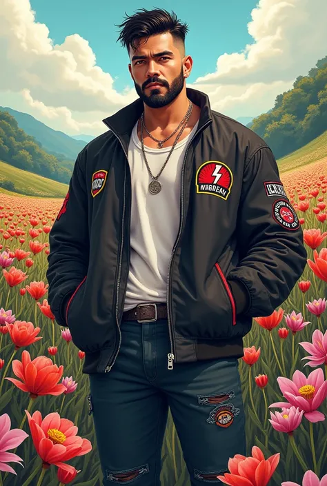 Best quality, masterpiece, ultra high res,detailed background,realistic,illustration,Magazine cover poster,magazine scan,korean,solo,yaoi,1boy,mature male,thick thighs,manly,handsome,muscular,under cut,short hair,facial hair,jacket,flower field,model,stree...