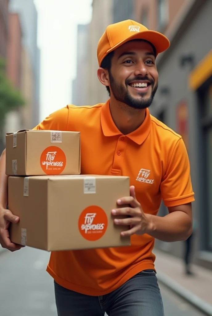 HAPPY DELIVERY MAN IN ORANGE SHIRT IS CARRYING A BOX WITH FLY EXPRESS LOGO WITH 2 HAND