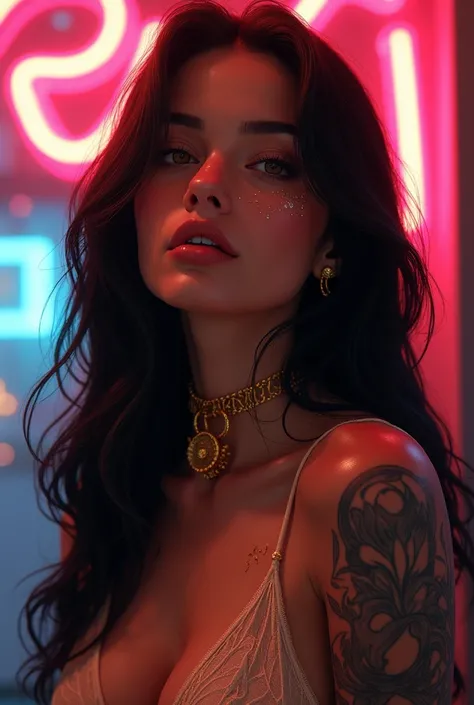 beautiful realistic art brunette woman, eyes the color of honey, long black hair, perfect nose, golden makeup, Nose piercing, tattoos on arms and neck, 
neon lights, shine and glow.