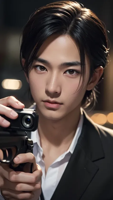 Japanese,25-29year old, handsome,  fair skin, black eyes（thin eyes 1：3), (Super detailed, Realistic, best quality, 4K, 8k, High resolution, masterpiece:1.3), he is a spy. Working by now at night. Holding gun. Close up, look ango