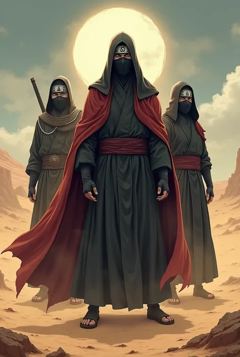 A man wearing mask like madara standing with two warrio in a desert 