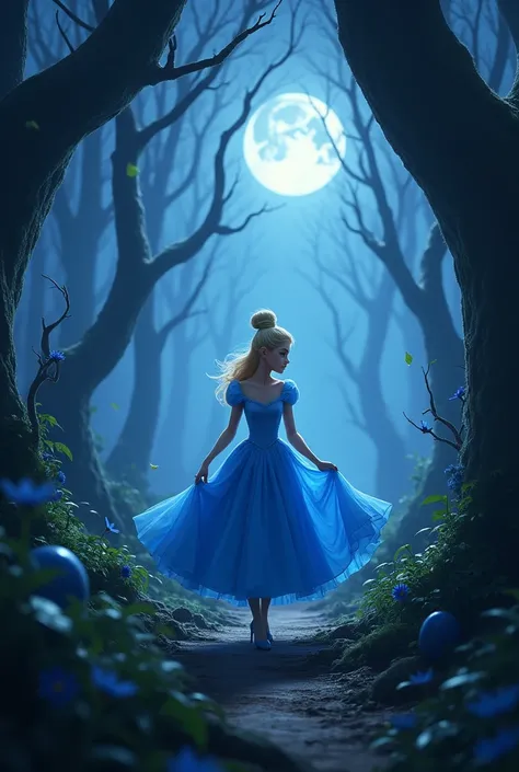 /image blue dress Cinderella, bravely venturing deeper into the dark forest, facing dangerous obstacles like quicksand and enchanted creatures, her path illuminated only by the moonlight.hyper-realisti,8k ultra HD, Pixar style, disney style, cinema 4d --ar...