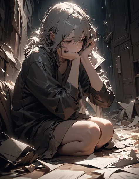 ((Highest quality)) , ((masterpiece)) , (detailed),Desperate woman sitting on the floor, Burying her head in her hands, Messy hair and simple, Grew old in the dim light, Peeling wallpaper and clutter in the corners, creates a dramatic, Emotional, High reso...