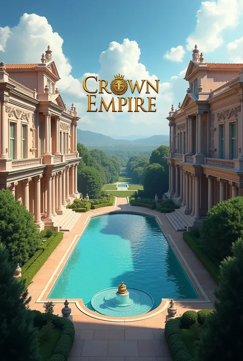 Create 2 elegant joint buildings with a swimming pool in front with the words crown empire written on it in english