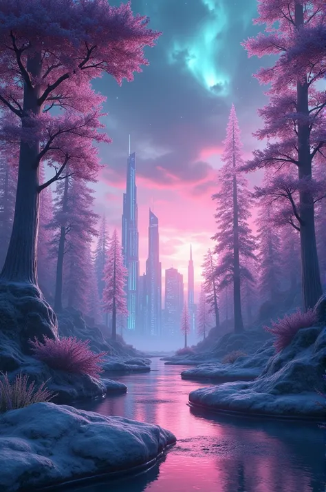 "Create a surreal landscape where a crystalline forest meets a neon-lit city skyline, blending natural beauty with futuristic elements under a sky filled with swirling galaxies and auroras."