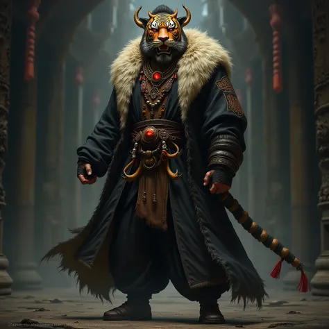 Asian man in tiger costume, looking fierce • Dark black coat: Long and durable with tiger pattern • Tiger fur shawl: Real tiger fur or fur-like fur • Amulets and prayer beads: Made from tiger bones • Mask: Tiger-shaped wooden mask, fierce • Pants and shoes...