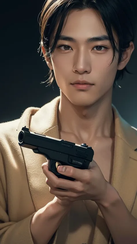 Japanese,25-29year old, handsome,  fair skin, black eyes（thin eyes 1：3), (Super detailed, Realistic, best quality, 4K, 8k, High resolution, masterpiece:1.3), he is a spy. Working by now at night. Holding gun. Close up, look ango